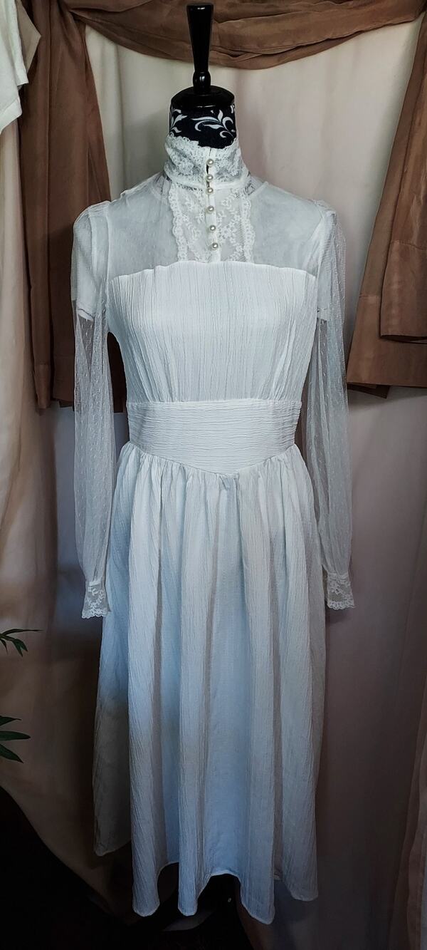 Shein Waisted Maxi Prairie Dress With Illusion Bodice and High Collar Size Med
